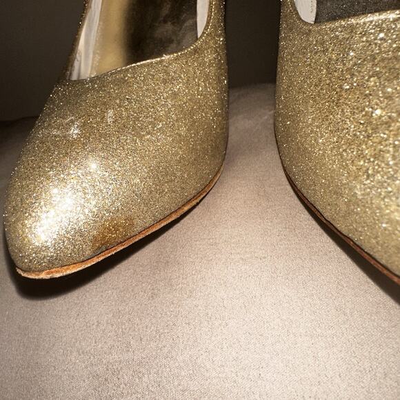 Stuart Weitzman Dagger Sabbia Gold Glitter Metal Stiletto Heels Pumps Size 8.5 - Picture 9 of 12